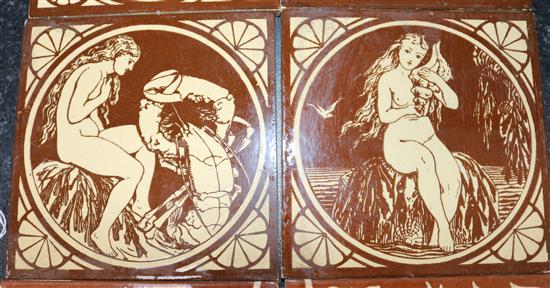 John Moyr-Smith. A rare set of six Mintons China Works water nymphs dust pressed tiles, all 6in. sq.